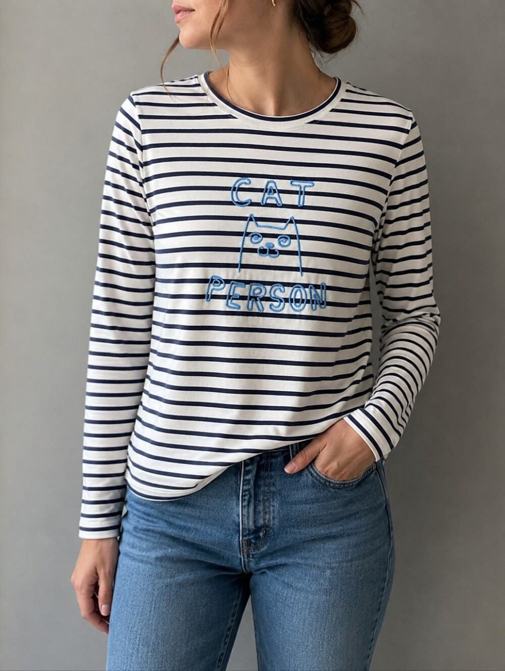 Boden Embroidered Cat Person Long Sleeve Regular T Shirt Womens Size Medium